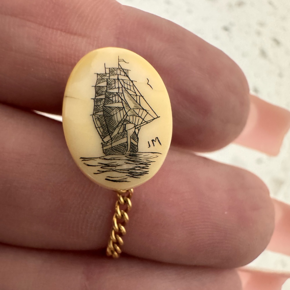 Vintage Nautical Tie Tack Pin Scrimshaw Sailing Ship Mariners Sea Ocean tie pin